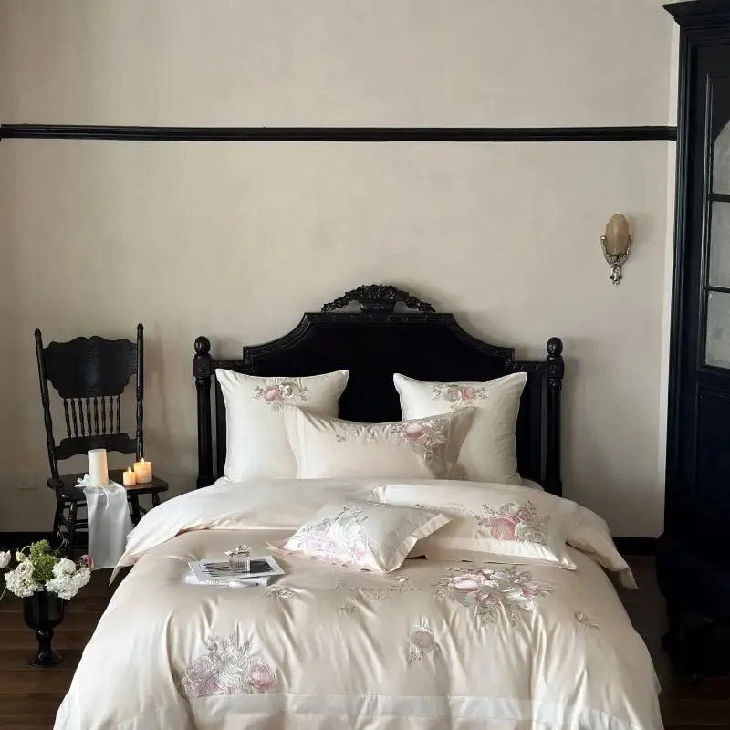 Flytonn-4Pcs Pink Champagne Blue Chic Flowers Embroidery Bedding Set 1000TC Egyptian Cotton Duvet Cover Flat/Fitted Bed Sheet Pillowcase