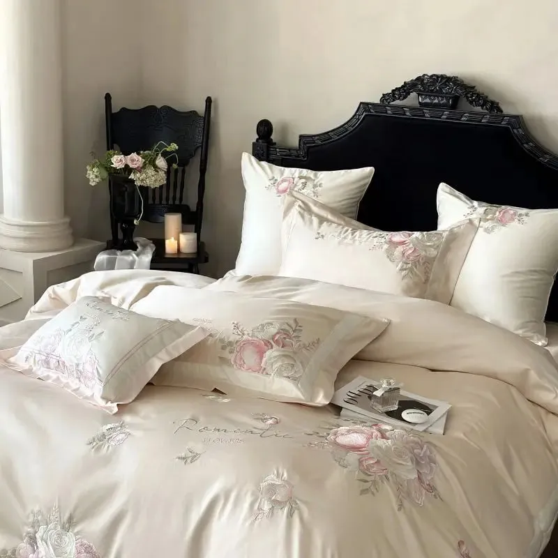 Flytonn-4Pcs Pink Champagne Blue Chic Flowers Embroidery Bedding Set 1000TC Egyptian Cotton Duvet Cover Flat/Fitted Bed Sheet Pillowcase