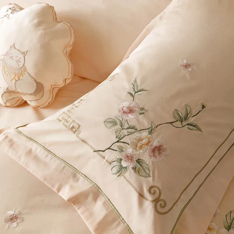 Flytonn-Chinese Style Flowers Embroidery 1000TC Egyptian Cotton Bedding Set 1 Duvet Cover, 1 Flat/Fitted Bed Sheet, Only 2 Pillowcases