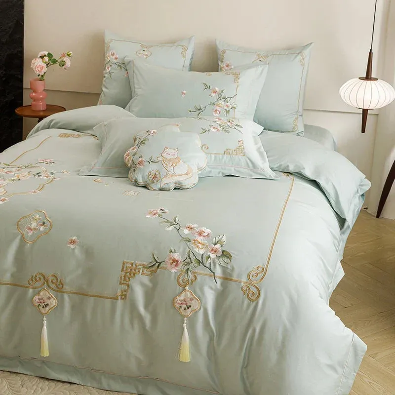 Flytonn-Chinese Style Flowers Embroidery 1000TC Egyptian Cotton Bedding Set 1 Duvet Cover, 1 Flat/Fitted Bed Sheet, Only 2 Pillowcases