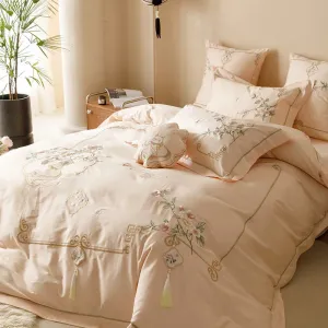 Flytonn-Chinese Style Flowers Embroidery 1000TC Egyptian Cotton Bedding Set 1 Duvet Cover, 1 Flat/Fitted Bed Sheet, Only 2 Pillowcases