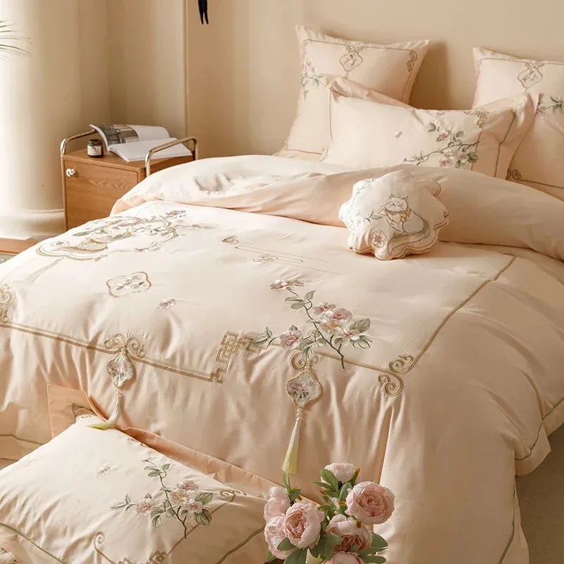 Flytonn-Chinese Style Flowers Embroidery 1000TC Egyptian Cotton Bedding Set 1 Duvet Cover, 1 Flat/Fitted Bed Sheet, Only 2 Pillowcases