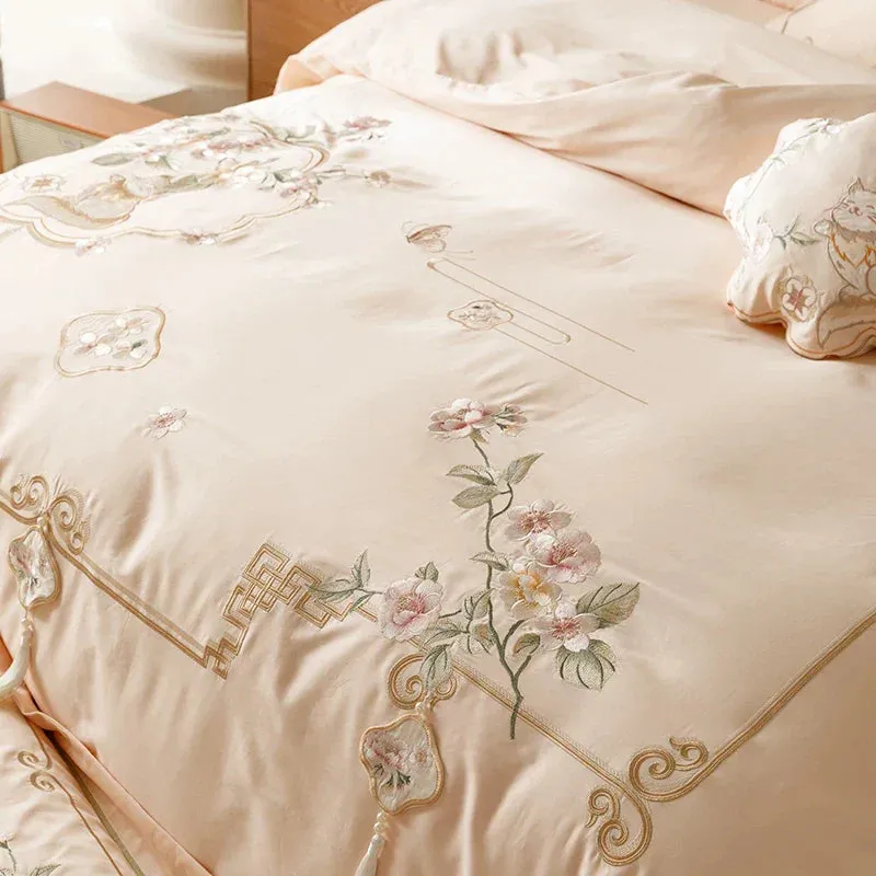 Flytonn-Chinese Style Flowers Embroidery 1000TC Egyptian Cotton Bedding Set 1 Duvet Cover, 1 Flat/Fitted Bed Sheet, Only 2 Pillowcases