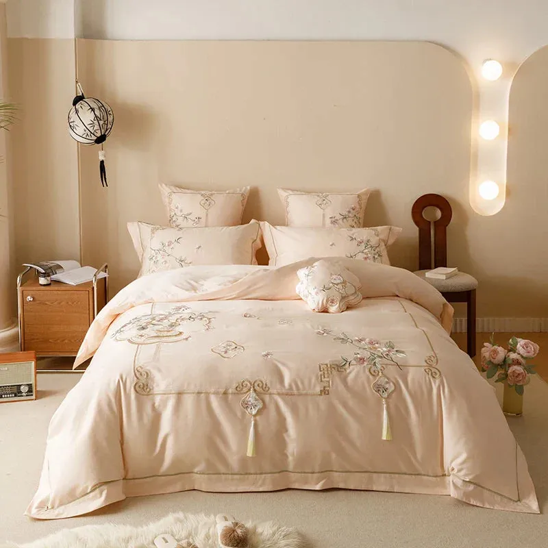 Flytonn-Chinese Style Flowers Embroidery 1000TC Egyptian Cotton Bedding Set 1 Duvet Cover, 1 Flat/Fitted Bed Sheet, Only 2 Pillowcases