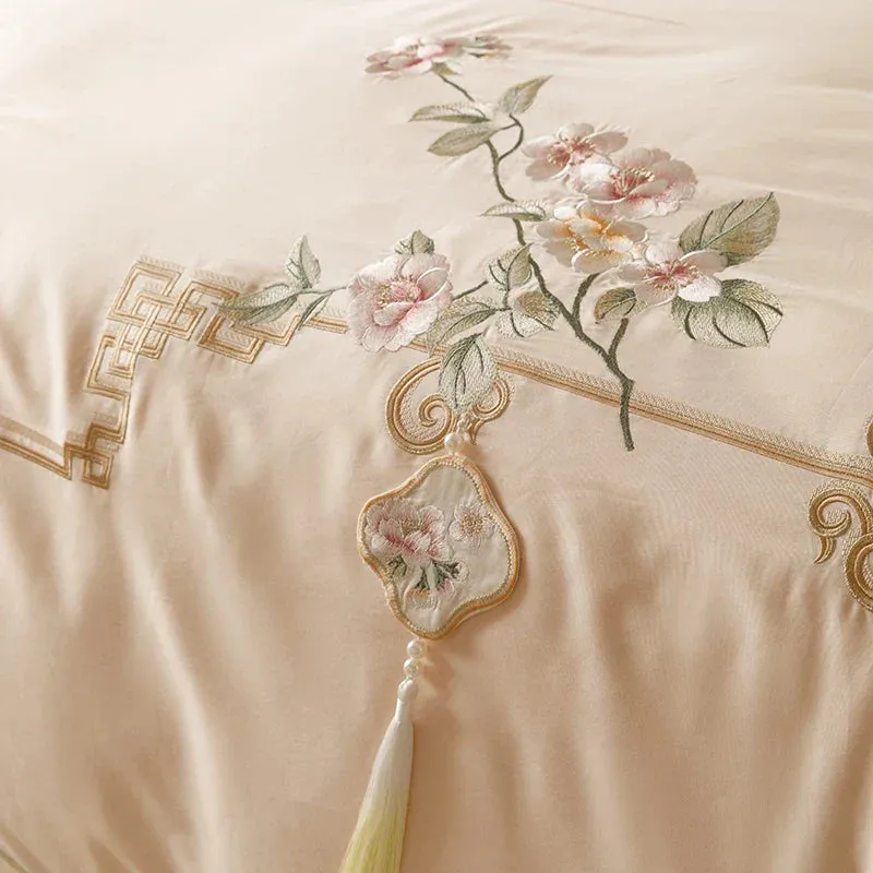 Flytonn-Chinese Style Flowers Embroidery 1000TC Egyptian Cotton Bedding Set 1 Duvet Cover, 1 Flat/Fitted Bed Sheet, Only 2 Pillowcases