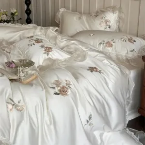Flytonn-Cream White 1000TC Egyptian Cotton Rose Flowers Embroidery Lace Ruffles Wedding Bedding Set Duvet Cover Set Bed Sheet Pillowcase