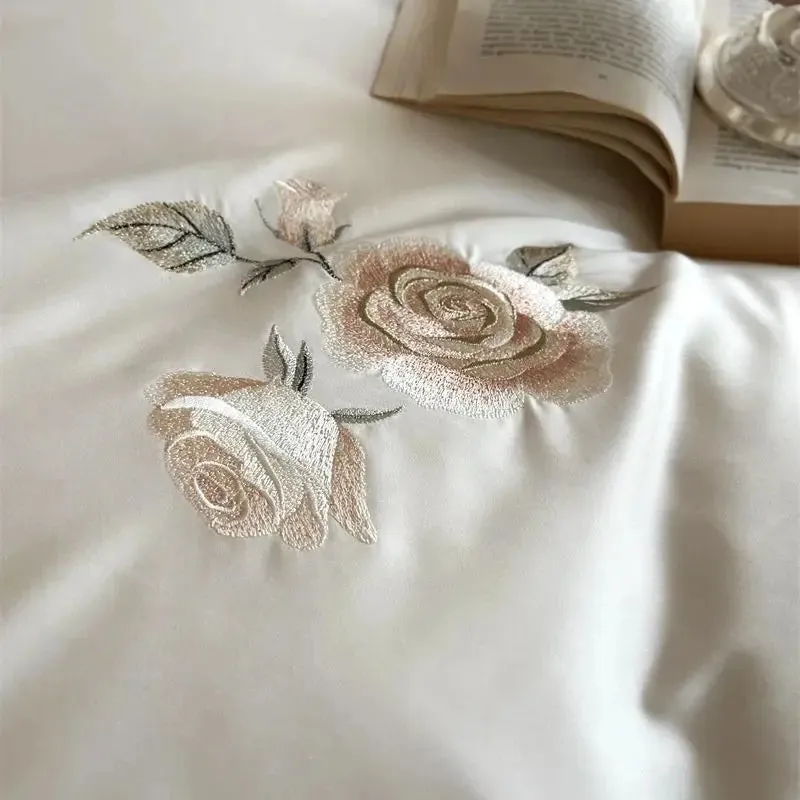Flytonn-Cream White 1000TC Egyptian Cotton Rose Flowers Embroidery Lace Ruffles Wedding Bedding Set Duvet Cover Set Bed Sheet Pillowcase