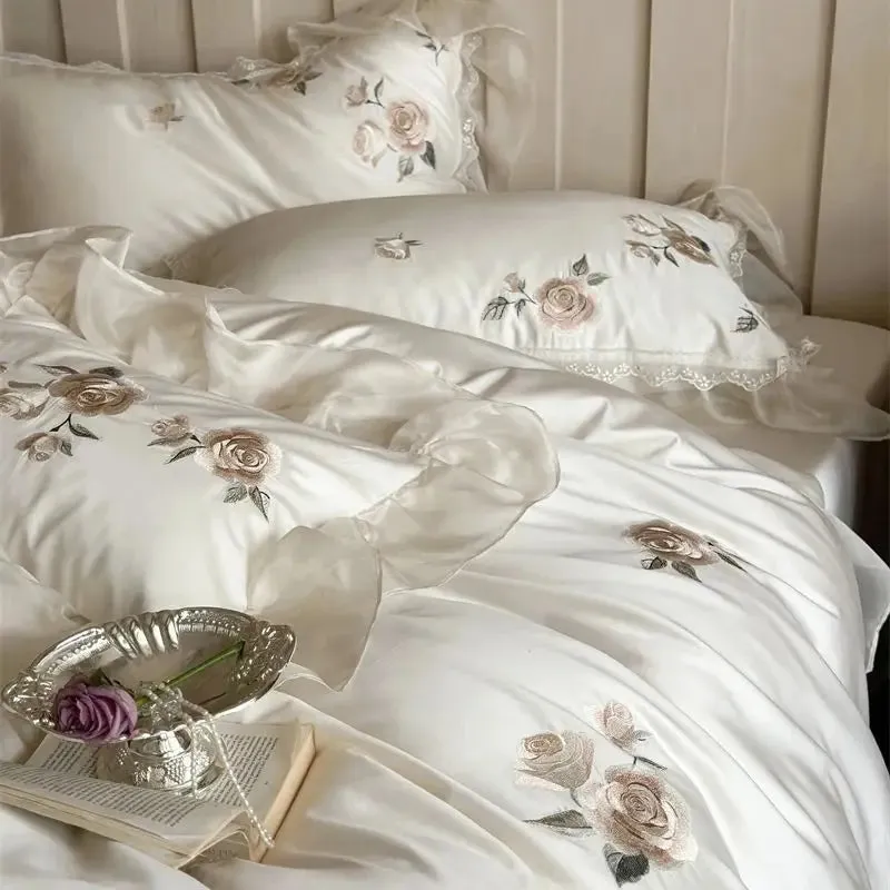 Flytonn-Cream White 1000TC Egyptian Cotton Rose Flowers Embroidery Lace Ruffles Wedding Bedding Set Duvet Cover Set Bed Sheet Pillowcase