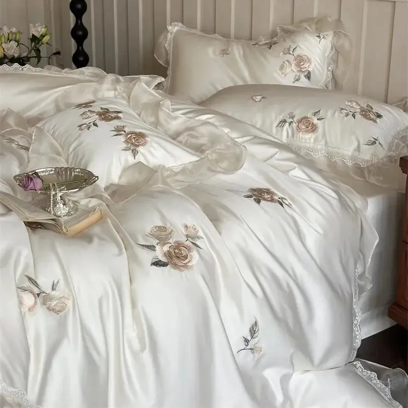 Flytonn-Cream White 1000TC Egyptian Cotton Rose Flowers Embroidery Lace Ruffles Wedding Bedding Set Duvet Cover Set Bed Sheet Pillowcase
