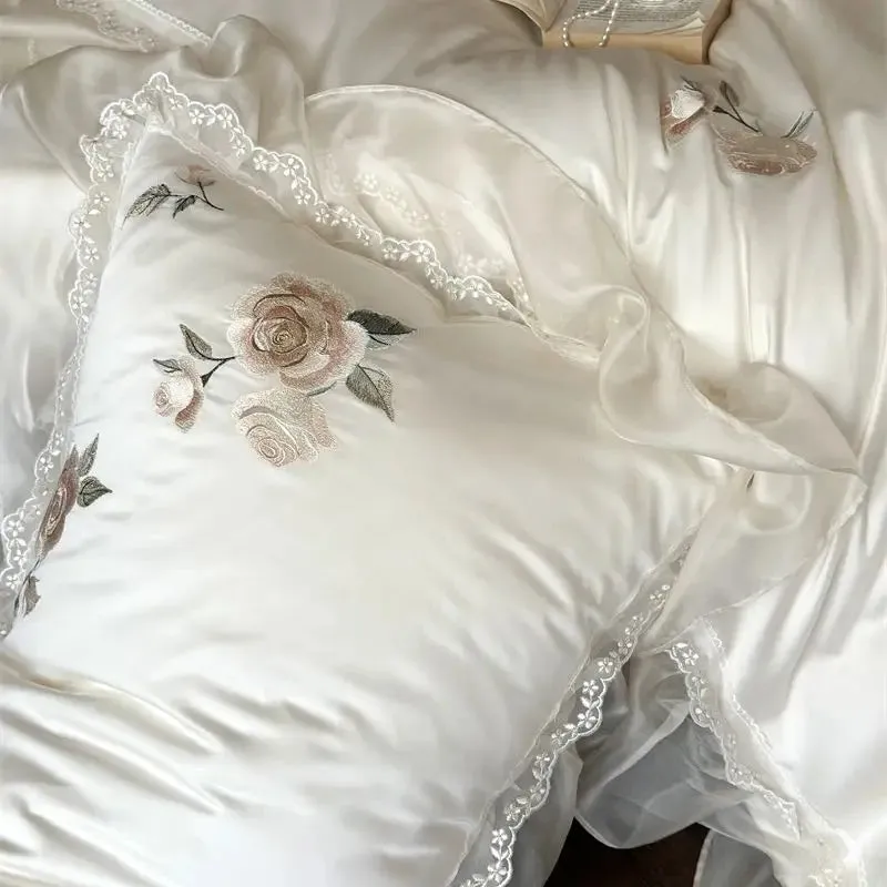 Flytonn-Cream White 1000TC Egyptian Cotton Rose Flowers Embroidery Lace Ruffles Wedding Bedding Set Duvet Cover Set Bed Sheet Pillowcase