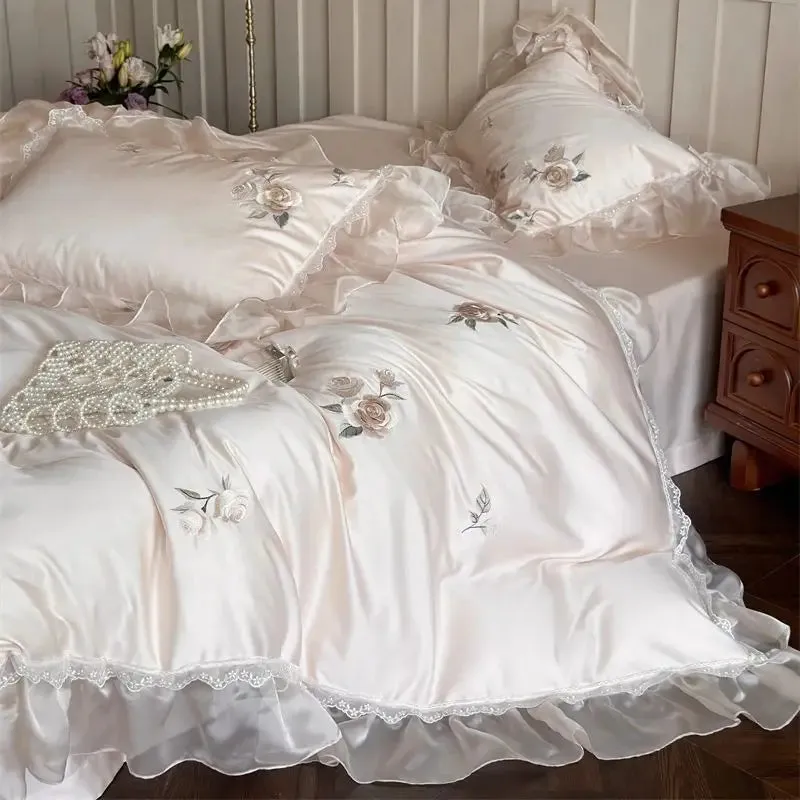 Flytonn-Cream White 1000TC Egyptian Cotton Rose Flowers Embroidery Lace Ruffles Wedding Bedding Set Duvet Cover Set Bed Sheet Pillowcase