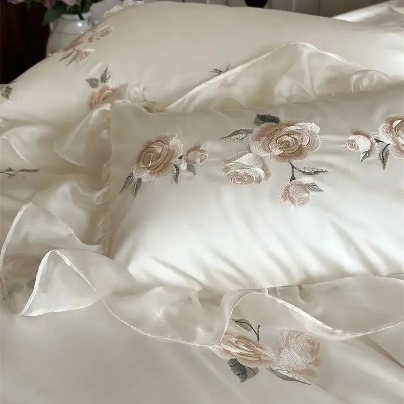 Flytonn-Cream White 1000TC Egyptian Cotton Rose Flowers Embroidery Lace Ruffles Wedding Bedding Set Duvet Cover Set Bed Sheet Pillowcase