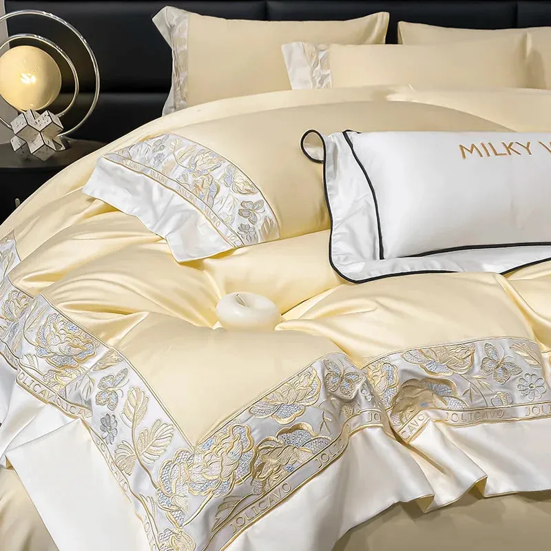 Flytonn-Egyptian Cotton Bedding Set Luxury Rose Butterfly Embroidery Duvet Cover Set Bed Sheet Pillowcases Bed Comforter Cover Set 4Pcs