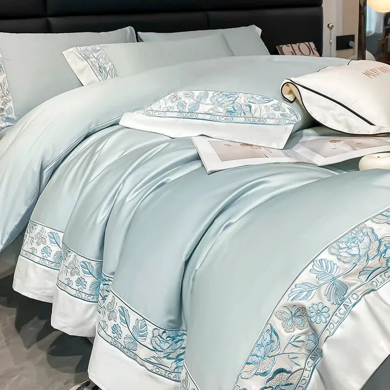 Flytonn-Egyptian Cotton Bedding Set Luxury Rose Butterfly Embroidery Duvet Cover Set Bed Sheet Pillowcases Bed Comforter Cover Set 4Pcs