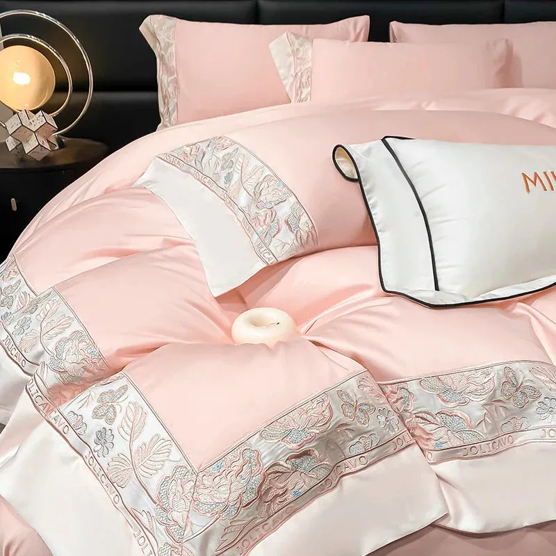 Flytonn-Egyptian Cotton Bedding Set Luxury Rose Butterfly Embroidery Duvet Cover Set Bed Sheet Pillowcases Bed Comforter Cover Set 4Pcs
