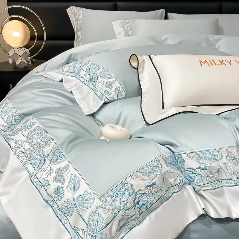 Flytonn-Egyptian Cotton Bedding Set Luxury Rose Butterfly Embroidery Duvet Cover Set Bed Sheet Pillowcases Bed Comforter Cover Set 4Pcs
