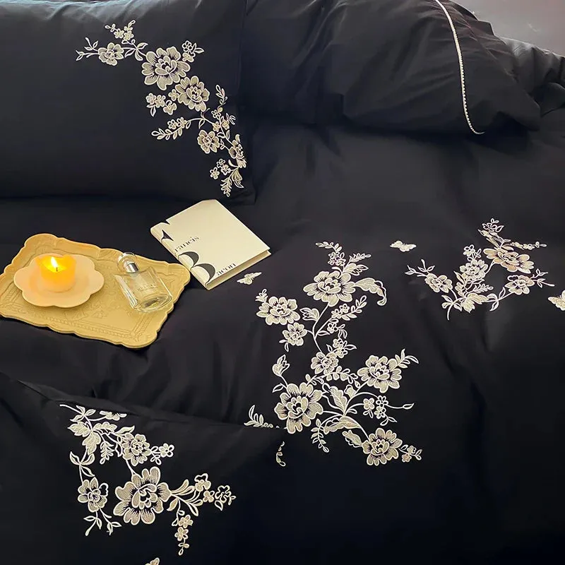 Flytonn-Egyptian Cotton Flowers Embroidery Bedding Set, Black, Red, Khaki,Vintage Maillard Bedding Set,Duvet Cover,Bed Sheet,Pillowcases