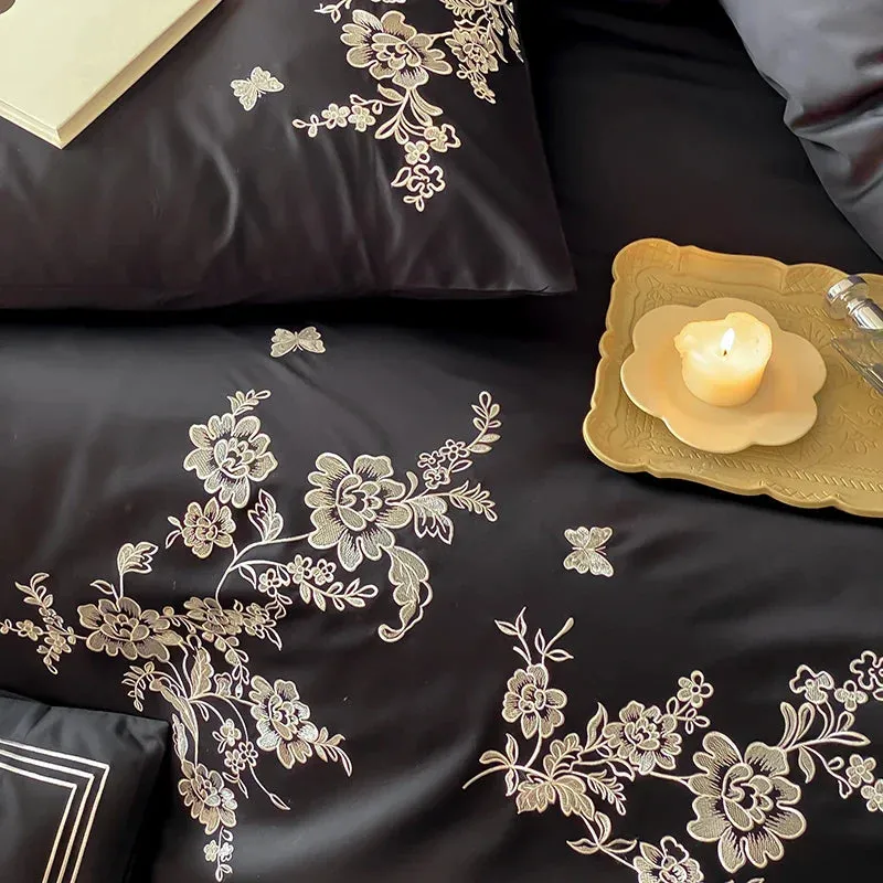 Flytonn-Egyptian Cotton Flowers Embroidery Bedding Set, Black, Red, Khaki,Vintage Maillard Bedding Set,Duvet Cover,Bed Sheet,Pillowcases