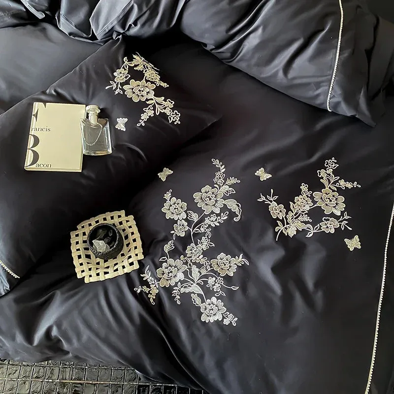Flytonn-Egyptian Cotton Flowers Embroidery Bedding Set, Black, Red, Khaki,Vintage Maillard Bedding Set,Duvet Cover,Bed Sheet,Pillowcases
