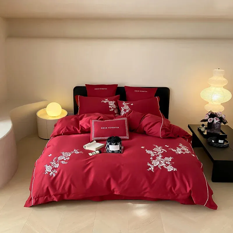 Flytonn-Egyptian Cotton Flowers Embroidery Bedding Set, Black, Red, Khaki,Vintage Maillard Bedding Set,Duvet Cover,Bed Sheet,Pillowcases