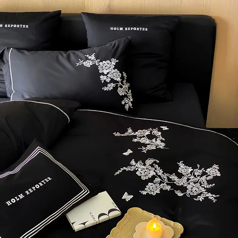 Flytonn-Egyptian Cotton Flowers Embroidery Bedding Set, Black, Red, Khaki,Vintage Maillard Bedding Set,Duvet Cover,Bed Sheet,Pillowcases