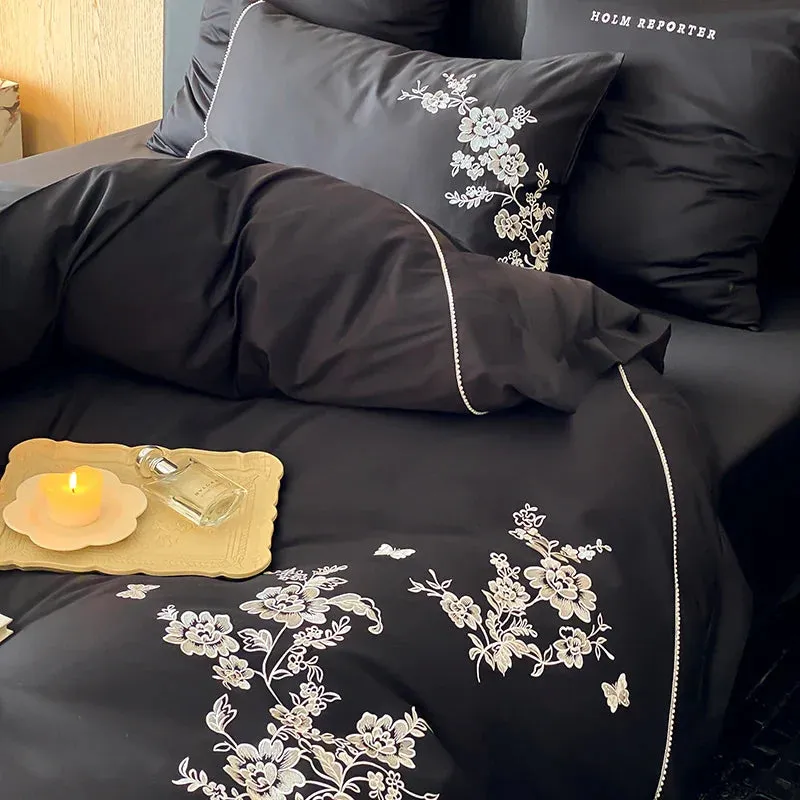 Flytonn-Egyptian Cotton Flowers Embroidery Bedding Set, Black, Red, Khaki,Vintage Maillard Bedding Set,Duvet Cover,Bed Sheet,Pillowcases