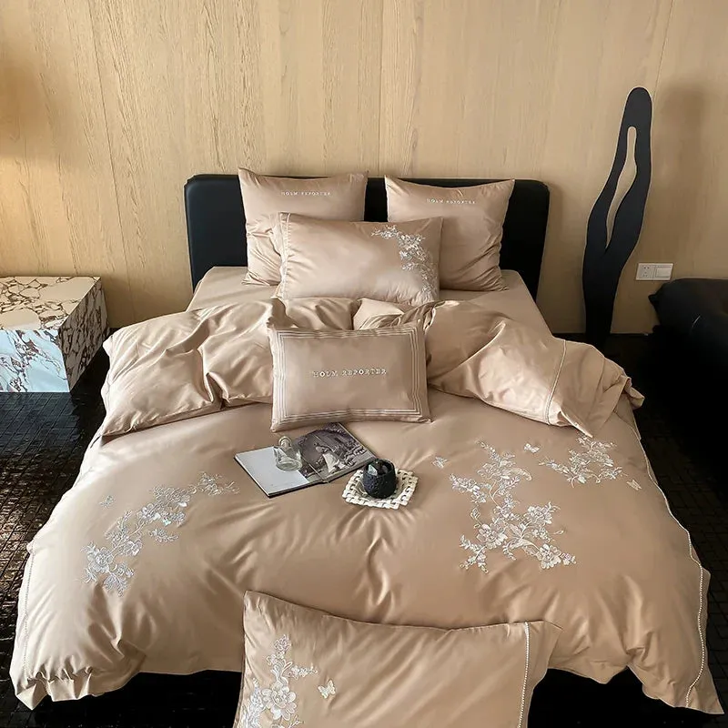 Flytonn-Egyptian Cotton Flowers Embroidery Bedding Set, Black, Red, Khaki,Vintage Maillard Bedding Set,Duvet Cover,Bed Sheet,Pillowcases
