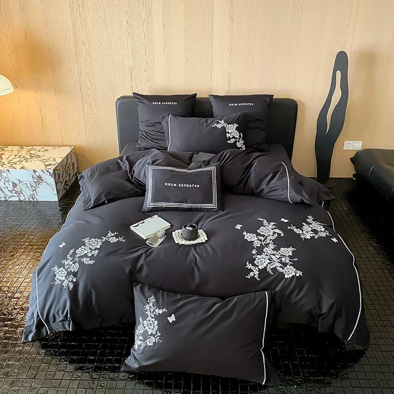 Flytonn-Egyptian Cotton Flowers Embroidery Bedding Set, Black, Red, Khaki,Vintage Maillard Bedding Set,Duvet Cover,Bed Sheet,Pillowcases