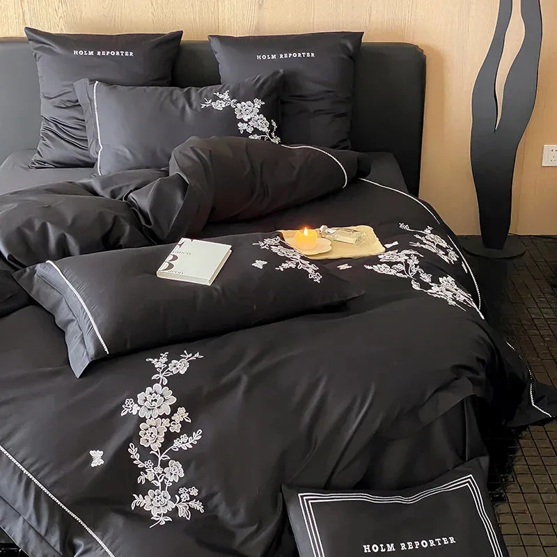 Flytonn-Egyptian Cotton Flowers Embroidery Bedding Set, Black, Red, Khaki,Vintage Maillard Bedding Set,Duvet Cover,Bed Sheet,Pillowcases