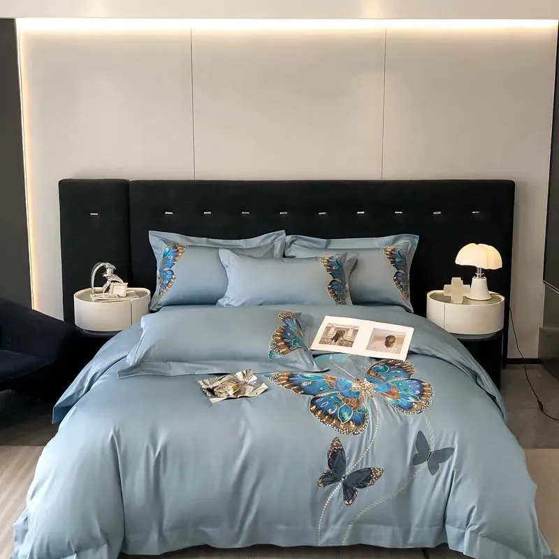 Flytonn-Egyptian Cotton, Luxury Butterfly Embroidery Bedding Set, Queen King Duvet Cover, Flat, Bed Sheet, Pillowcases, White ,100S