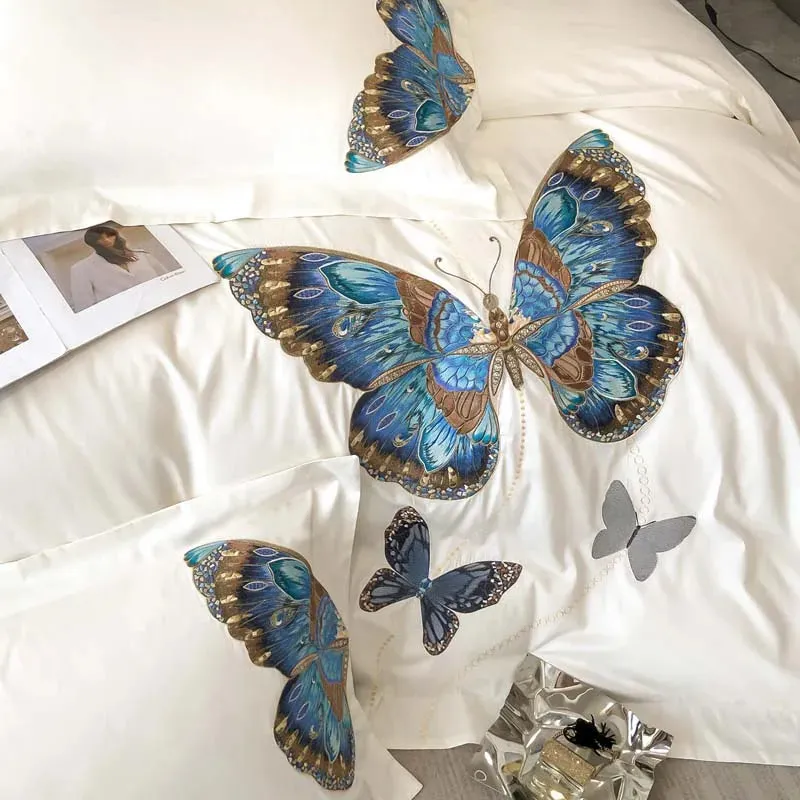 Flytonn-Egyptian Cotton, Luxury Butterfly Embroidery Bedding Set, Queen King Duvet Cover, Flat, Bed Sheet, Pillowcases, White ,100S
