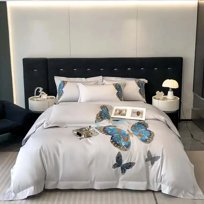 Flytonn-Egyptian Cotton, Luxury Butterfly Embroidery Bedding Set, Queen King Duvet Cover, Flat, Bed Sheet, Pillowcases, White ,100S