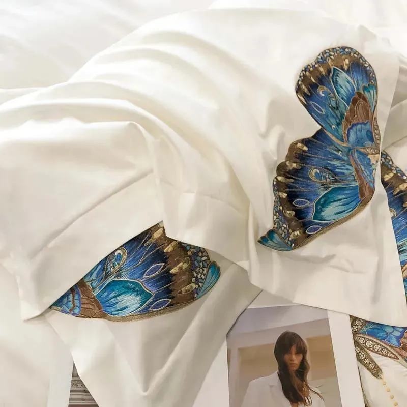 Flytonn-Egyptian Cotton, Luxury Butterfly Embroidery Bedding Set, Queen King Duvet Cover, Flat, Bed Sheet, Pillowcases, White ,100S