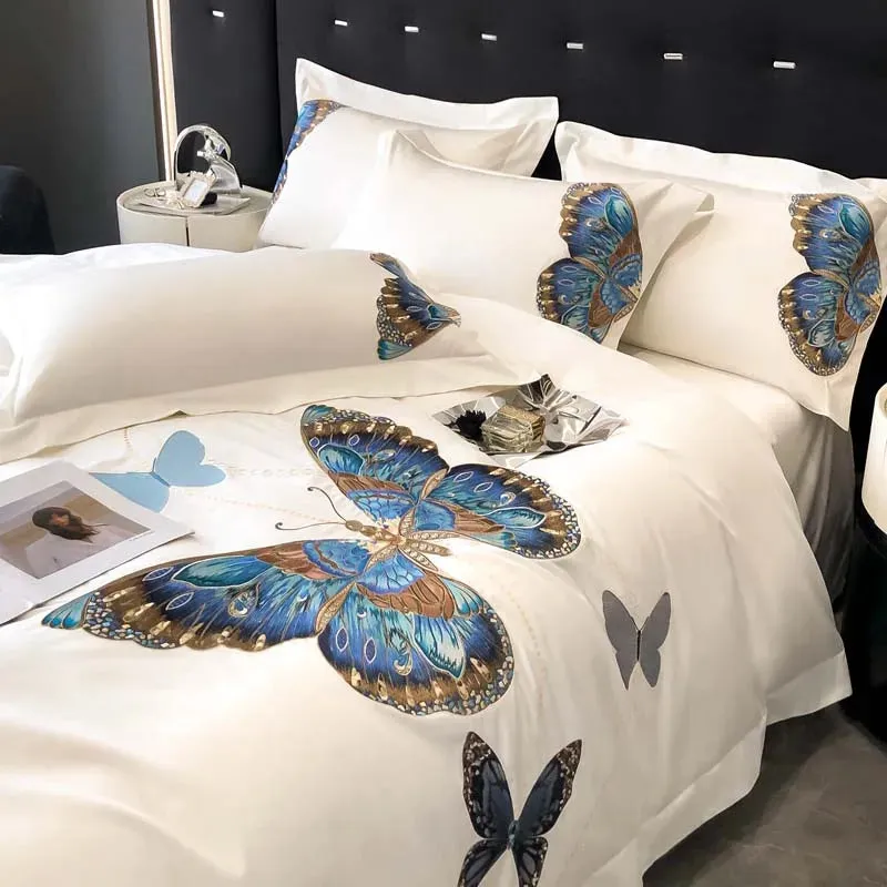 Flytonn-Egyptian Cotton, Luxury Butterfly Embroidery Bedding Set, Queen King Duvet Cover, Flat, Bed Sheet, Pillowcases, White ,100S
