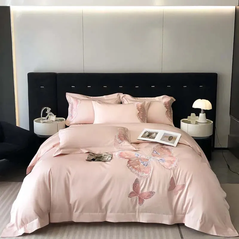 Flytonn-Egyptian Cotton, Luxury Butterfly Embroidery Bedding Set, Queen King Duvet Cover, Flat, Bed Sheet, Pillowcases, White ,100S