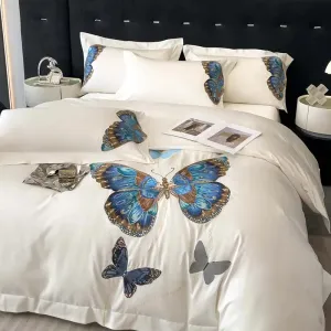 Flytonn-Egyptian Cotton, Luxury Butterfly Embroidery Bedding Set, Queen King Duvet Cover, Flat, Bed Sheet, Pillowcases, White ,100S