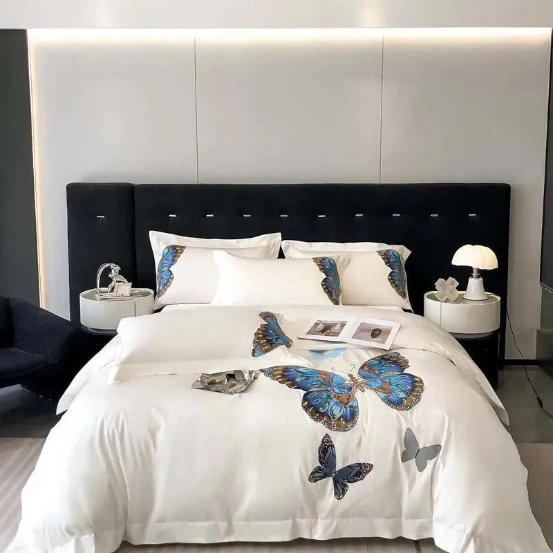 Flytonn-Egyptian Cotton, Luxury Butterfly Embroidery Bedding Set, Queen King Duvet Cover, Flat, Bed Sheet, Pillowcases, White ,100S
