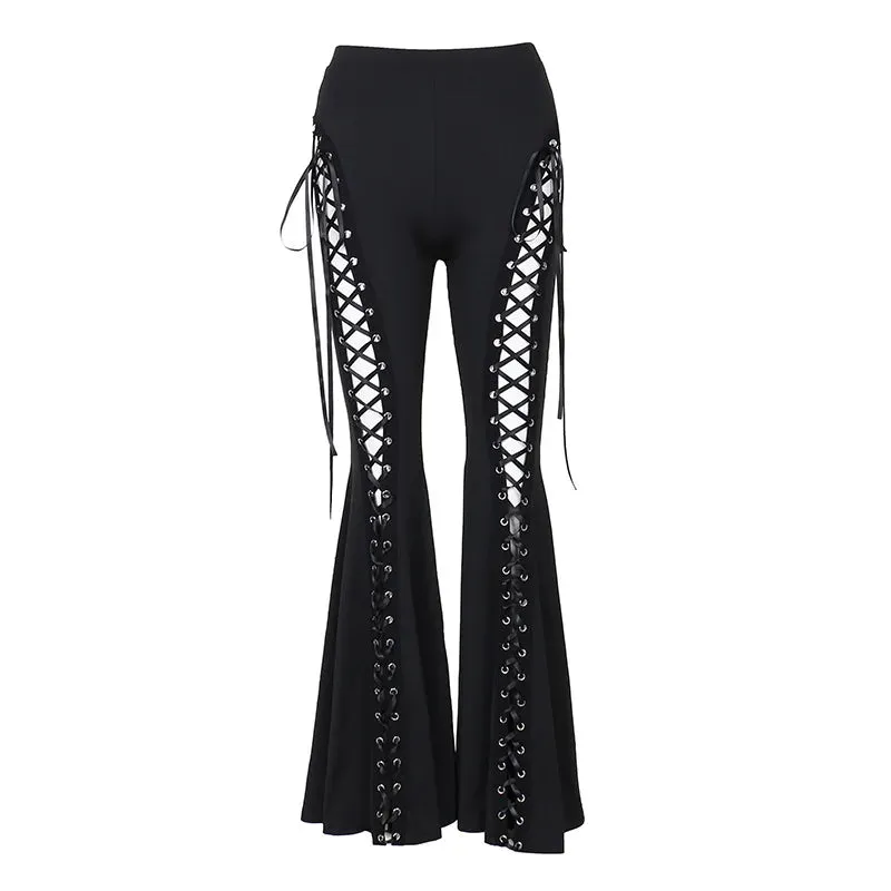 Flytonn-Halloween Outfits Halloween Gifts Gothic Style Gothic Bandage Cut Out Pants Black Clothes for Women Cyber Punk Lace Up High Waist Flare Pants Dark Academia