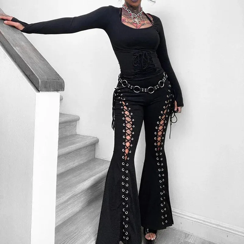 Flytonn-Halloween Outfits Halloween Gifts Gothic Style Gothic Bandage Cut Out Pants Black Clothes for Women Cyber Punk Lace Up High Waist Flare Pants Dark Academia
