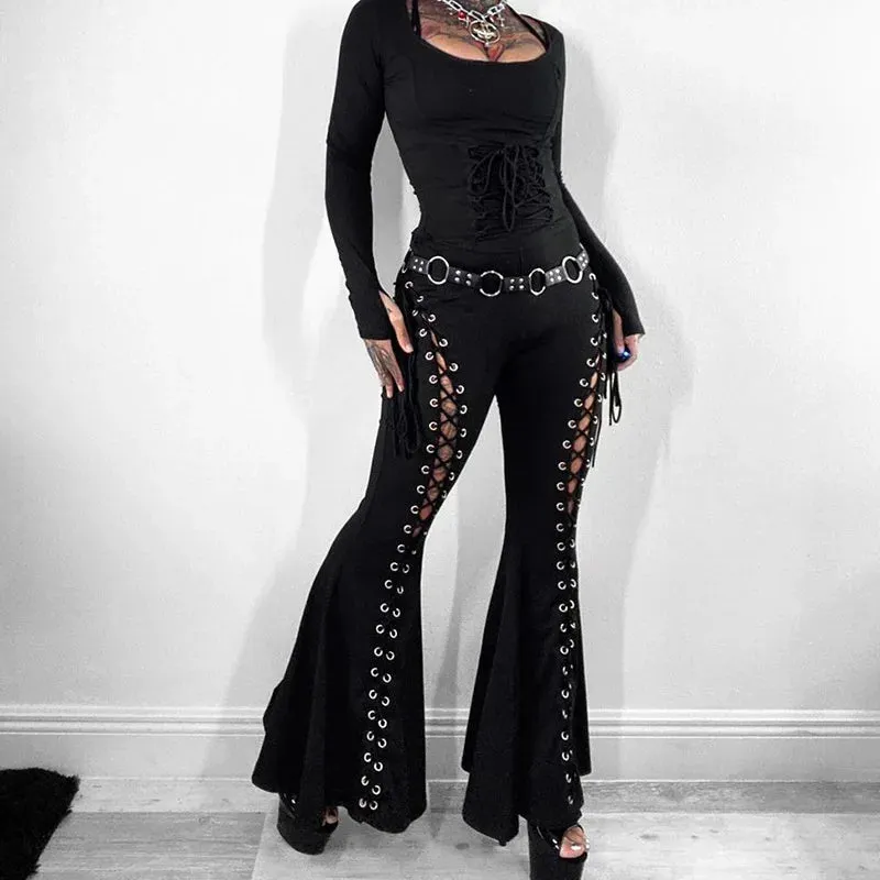 Flytonn-Halloween Outfits Halloween Gifts Gothic Style Gothic Bandage Cut Out Pants Black Clothes for Women Cyber Punk Lace Up High Waist Flare Pants Dark Academia