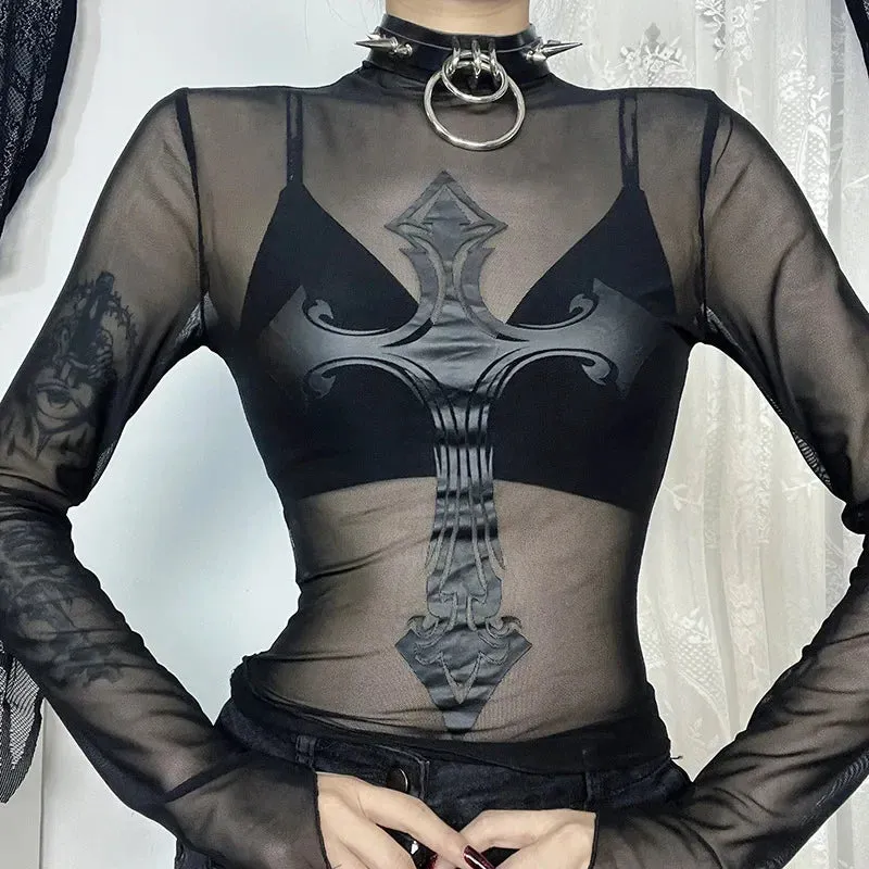 Flytonn-Halloween Outfits Halloween Gifts Gothic Style Gothic Style Cross Mesh Perspective Sexy T-shirt Temptation Clothes Halloween Cosplay Tops  Outfit New on Sale