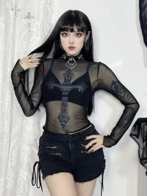 Flytonn-Halloween Outfits Halloween Gifts Gothic Style Gothic Style Cross Mesh Perspective Sexy T-shirt Temptation Clothes Halloween Cosplay Tops  Outfit New on Sale
