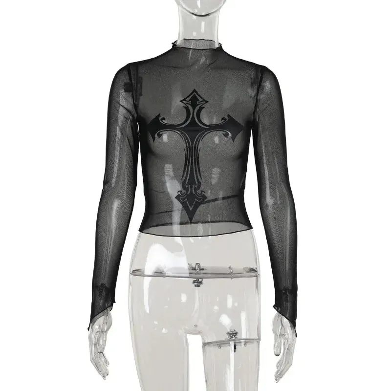 Flytonn-Halloween Outfits Halloween Gifts Gothic Style Gothic Style Cross Mesh Perspective Sexy T-shirt Temptation Clothes Halloween Cosplay Tops  Outfit New on Sale