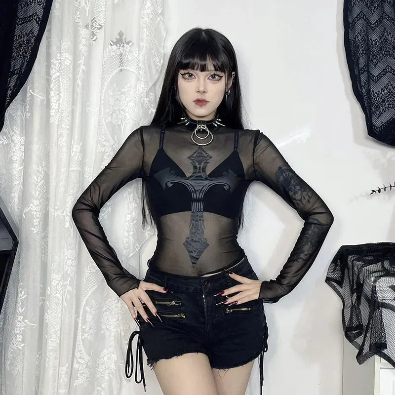 Flytonn-Halloween Outfits Halloween Gifts Gothic Style Gothic Style Cross Mesh Perspective Sexy T-shirt Temptation Clothes Halloween Cosplay Tops  Outfit New on Sale