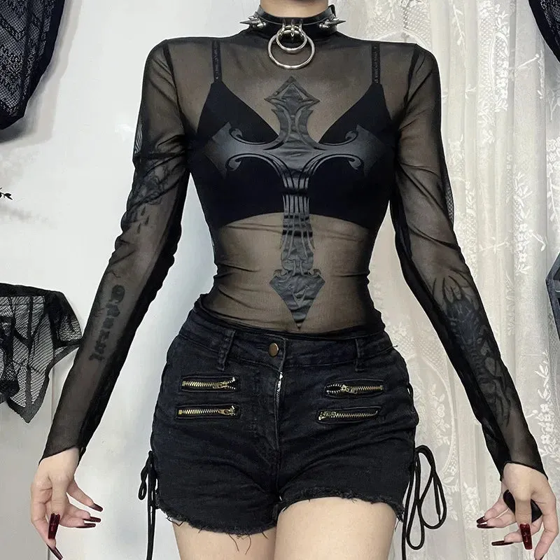 Flytonn-Halloween Outfits Halloween Gifts Gothic Style Gothic Style Cross Mesh Perspective Sexy T-shirt Temptation Clothes Halloween Cosplay Tops  Outfit New on Sale