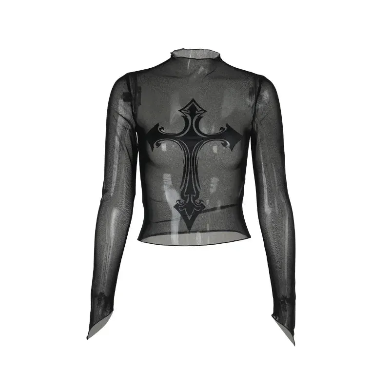 Flytonn-Halloween Outfits Halloween Gifts Gothic Style Gothic Style Cross Mesh Perspective Sexy T-shirt Temptation Clothes Halloween Cosplay Tops  Outfit New on Sale
