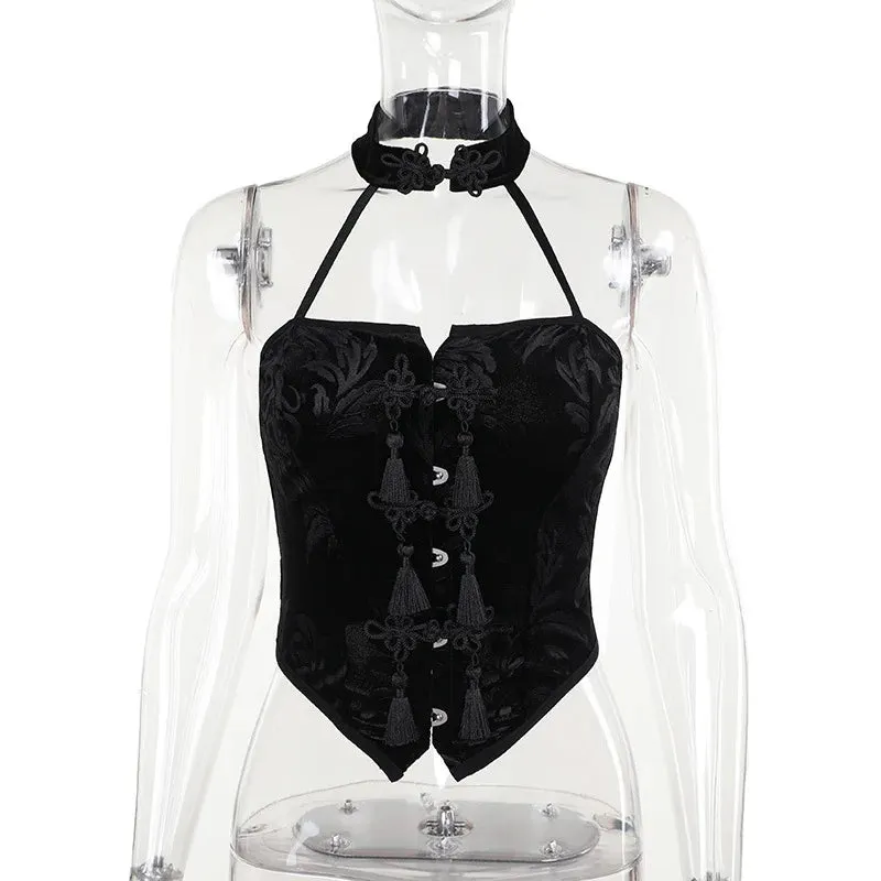 Flytonn-Halloween Outfits Halloween Gifts Gothic Style Summer 2024 New Arrival Spicy Girl Tank Top Gothic  Style Sexy Choker Neck Black Qipao Button Top for Women
