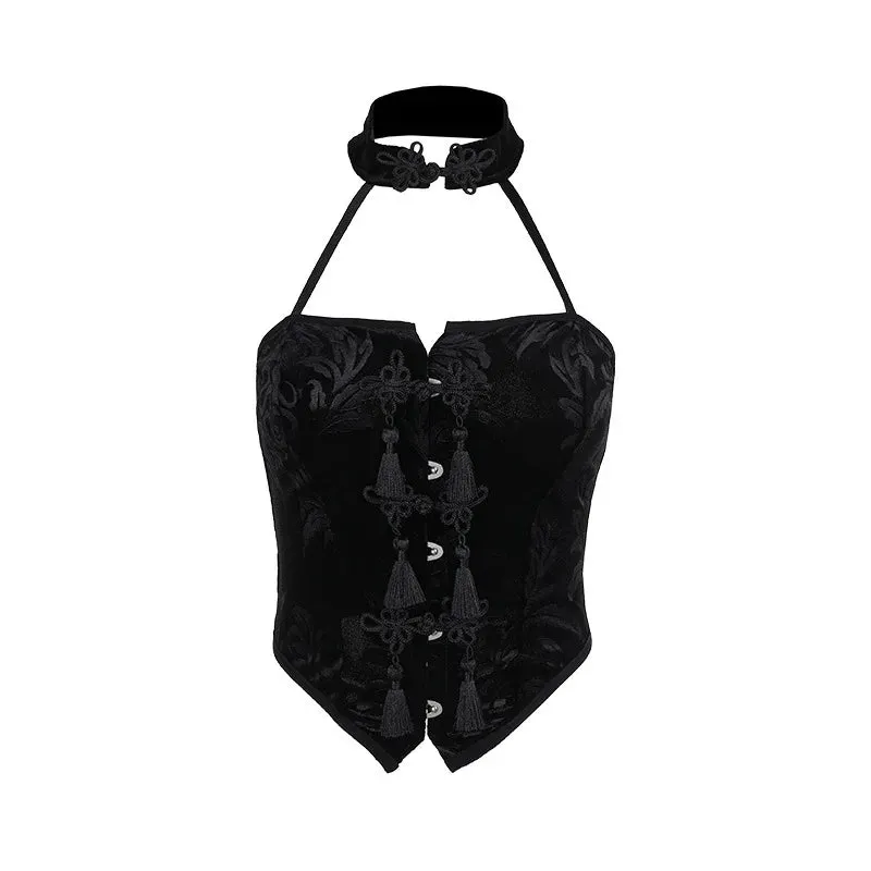 Flytonn-Halloween Outfits Halloween Gifts Gothic Style Summer 2024 New Arrival Spicy Girl Tank Top Gothic  Style Sexy Choker Neck Black Qipao Button Top for Women