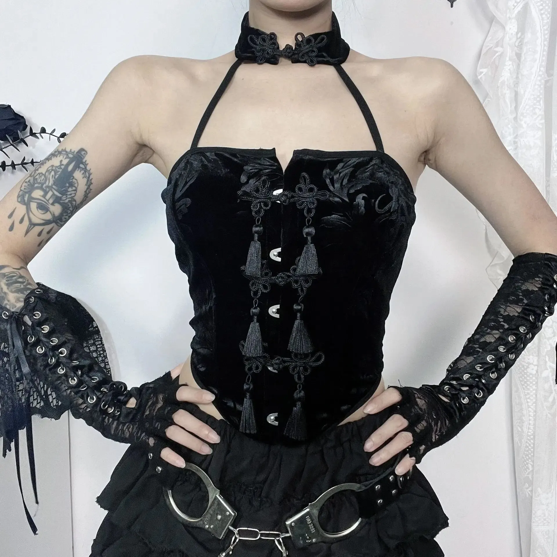 Flytonn-Halloween Outfits Halloween Gifts Gothic Style Summer 2024 New Arrival Spicy Girl Tank Top Gothic  Style Sexy Choker Neck Black Qipao Button Top for Women