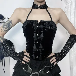 Flytonn-Halloween Outfits Halloween Gifts Gothic Style Summer 2024 New Arrival Spicy Girl Tank Top Gothic  Style Sexy Choker Neck Black Qipao Button Top for Women